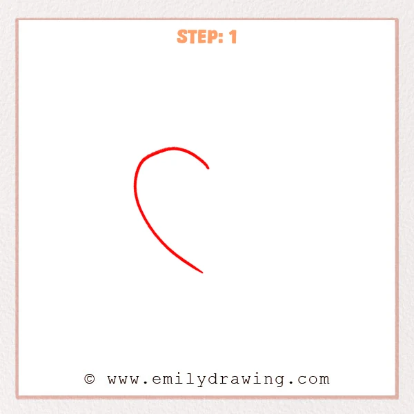 how to draw a cartoon heart - Step 1 of a cartoon heart drawing shows a single bold curved line forming the left side and pointed bottom tip.